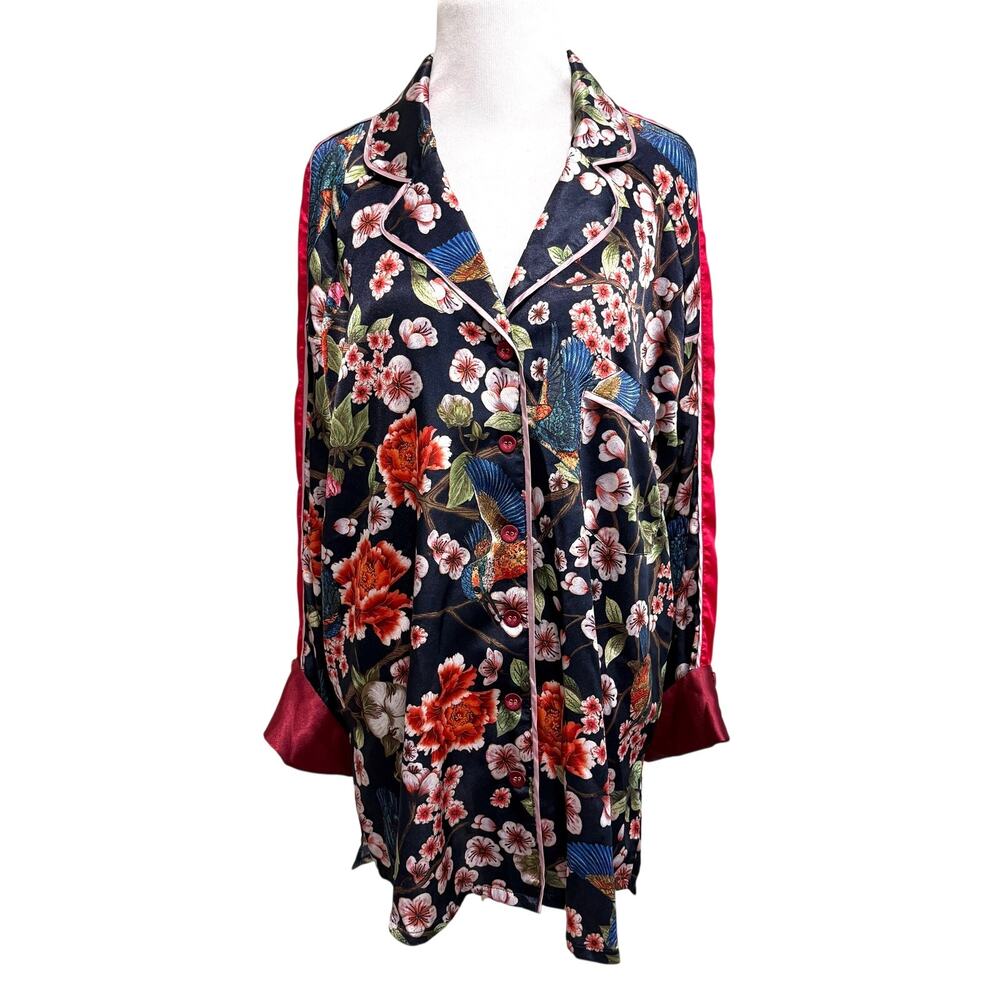 We Are HAH Womens Satin Pajama Top L Blue Floral Bird Feminine Button Front